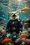 a corgi with a pirate costume, standing in the middle of coral reef