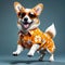 Corgi puppy in orange sunglasses and an orange Hawaiian shirt