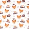 Corgi seamless pattern. Smiling dog faces and letterings. Vector background