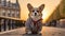 corgi which wear jeans and clothes travel in paris