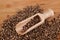 Coriander seeds with a wooden spoon on a small wooden tray. Beautiful photos of culinary magazines