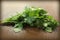 Coriander on a wooden table