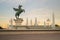 Corinth, Greece, 5 October 2017. Central square in Corinth with a fountain and the statue of Pegasus.