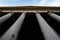 Corinthian columns from the portico of the Pantheon, Rome, Italy, also known as Santa Maria Rotonda. View from below, under a blue