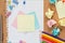 Cork board with colorful blank notes, color pencil, tag, trash a