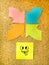 Cork board with colorful post its representing various emoticons with various emotions communication concept