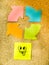 Cork board with colorful post its representing various emoticons with various emotions communication concept