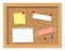 Cork board with pinned paper notepad sheets realistic vector illustration.