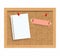 Cork board with pinned paper notepad sheets realistic vector illustration.