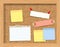 Cork board with pinned paper notepad sheets realistic vector illustration. vector illustration board for notes.