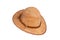 Cork fashion. Closeup of light brown hat made from oak cork isolated on a white background. Mens trendy hat fashion