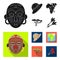 Cork hat, darts, savannah tree, territory map. African safari set collection icons in black, flat style vector symbol