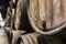 Cork of a wooden porto wine barrel in wine cellar of Porto