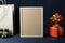 Corkboard, brown eco bag, and Christmas gift boxes isolated on a dark background