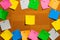 Corkboard/Bulletin Board with a group of various colored sticky notes bordering a central open cork area perfect for Copywriting