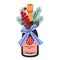 Corked champagne in glass bottle. Champagne wine, alcohol, fizzy sparkling drink with blue bow, gift