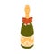 Corked champagne in glass bottle. Champaign wine, alcohol, fizzy sparkling drink with red bow, gift for winter holiday