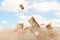 Corked glass bottle with Help note and seashells on sand against sky