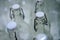 Corked glass bottle necks, close-up. Detail of the neck of glass bottles with a porcelain stopper