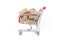 Corks in shopping cart. Wine shop conceptual image selling wine