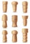 Corks wine stopper. Set corkwood plugs. Wine stoppers of different shapes. Wooden bungs for bottle, equipment for