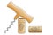 Corkscrew and two wine corks on white background