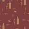 Corkscrews and wine bottles beige silhouette on brown background seamless pattern