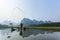 Cormorant, fish man and Li River scenery sight with fog in spring, Guilin, China