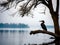 A cormorant sitting on a dry branch from a tree in the water. Generative AI