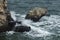 Cormorants sitting on a rock between waves
