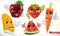 Corn, apple, strawberry, watermelon, carrot. 3d vector set icon