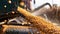 a corn auger on a combine harvester pouring corn grain into a tractor trailer, showcasing the agricultural harvest in