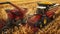 a corn auger on a combine harvester pouring corn grain into a tractor trailer, showcasing the agricultural harvest in