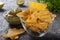 Corn chips with guacamole. A Mexican appetizer.
