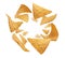 Corn chips of triangular shape levitate on a white background