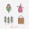 Corn cob, Dutch farm windmill, wheat ears, bag of wheat. Agriculture and farming sticker icon set. Vector Illustration