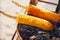 Corn cobs on the grill. Close-up image with corns and hands. Asian, Indian and Chinese street food. Trolley on the beach