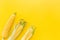 Corn on cobs on yellow background top view copyspace