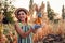 Corn crop. Young woman farmer picking corn harvest. Worker holding autumn corncobs. Farming and gardening