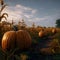Corn field and lone giant orange pumpkins, court, evening. Pumpkin as a dish of thanksgiving for the harvest