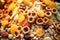 Corn flake and whole grains cereals. Close-up photography, muesli background or wallpaper. Generative AI