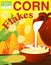 Corn flakes in a bowl. Milk pouring from the jug a plate. Label