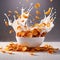 Corn flakes breakfast cereal with fresh milk, dynamic splash food photography