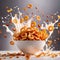 Corn flakes breakfast cereal with fresh milk, dynamic splash food photography