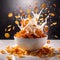 Corn flakes breakfast cereal with fresh milk, dynamic splash food photography