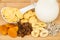 Corn flakes, dried fruits, sunflower seeds and milk