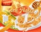 Corn flakes, honey and milk splashes. 3d vector, package design