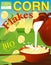 Corn flakes label. Milk pouring from the jug a plate. Background