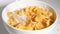 Corn flakes and milk pouring into white ceramic bowl