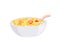 Corn flakes and strawberry in a bowl with milk and spoon isolated on white background.